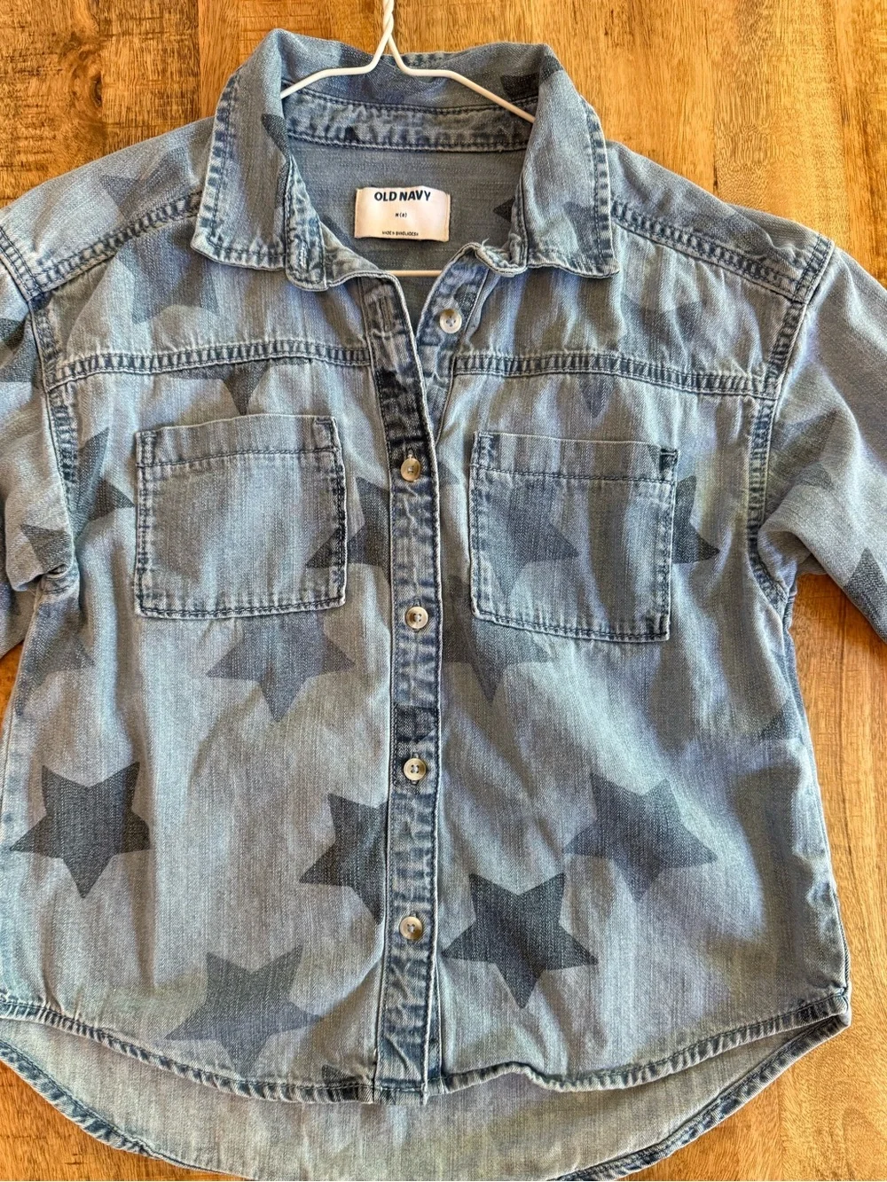 Old Navy Girls Size M 8 Star Print Chambray Denim Button Down Shirt Blue